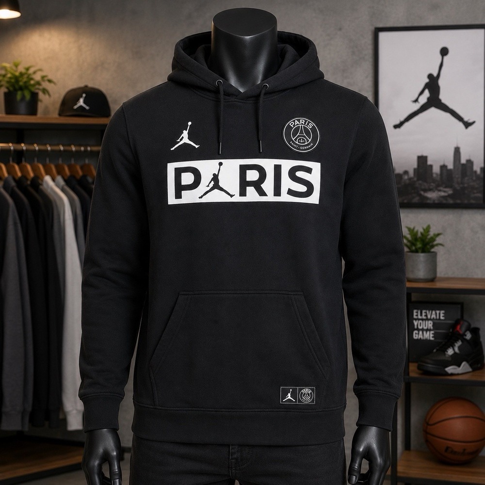 Nike Air Jordan PSG Paris Saint-Germain Hoodie Black Men's Large Pullover - Picture 1 of 10
